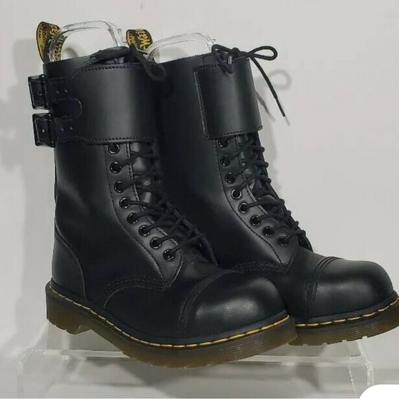 Dr. Martens Cayden Combat Steel Toe Black Leather Double Buckle Boots, 10M/11W - Picture 1 of 10